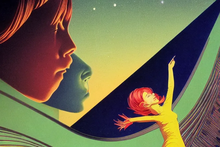 Image similar to a scifi closeup portrait of a young british woman licking a blotter paper of LSD acid on his tongue and dreaming psychedelic hallucinations in cosmos, by kawase hasui, moebius, Edward Hopper and James Gilleard, Zdzislaw Beksinski, Steven Outram colorful flat surreal design, hd, 8k, artstation