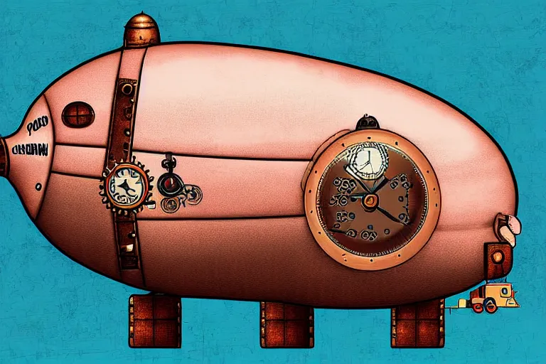 Prompt: a blimp in the shape of a pig, steampunk, digital art, extremely detailed