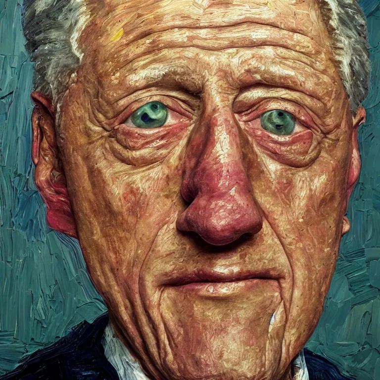 Image similar to close up studio portrait of aging old Bill Clinton age 103 wrinkled sad, impasto oil painting by Lucian Freud and Tim Hawkinson and Cy Twombly, trending on artstation Studio lighting Expressionism