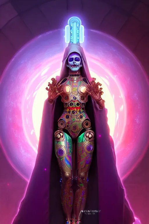 Image similar to ultra detailed female android deity, wearing a cloak, flower punk, scifi, fantasy, octane render, unreal engine, dia de los muertos, asymmetrical intricate concept art, triadic color, art by artgerm and greg rutkowski and alphonse mucha, 8 k