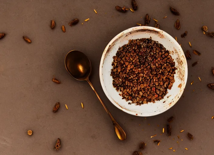 Image similar to dslr food photograph of a a bowl filled with rusty nails and milk with a spoon placed on the table next to it, 8 5 mm f 1. 8