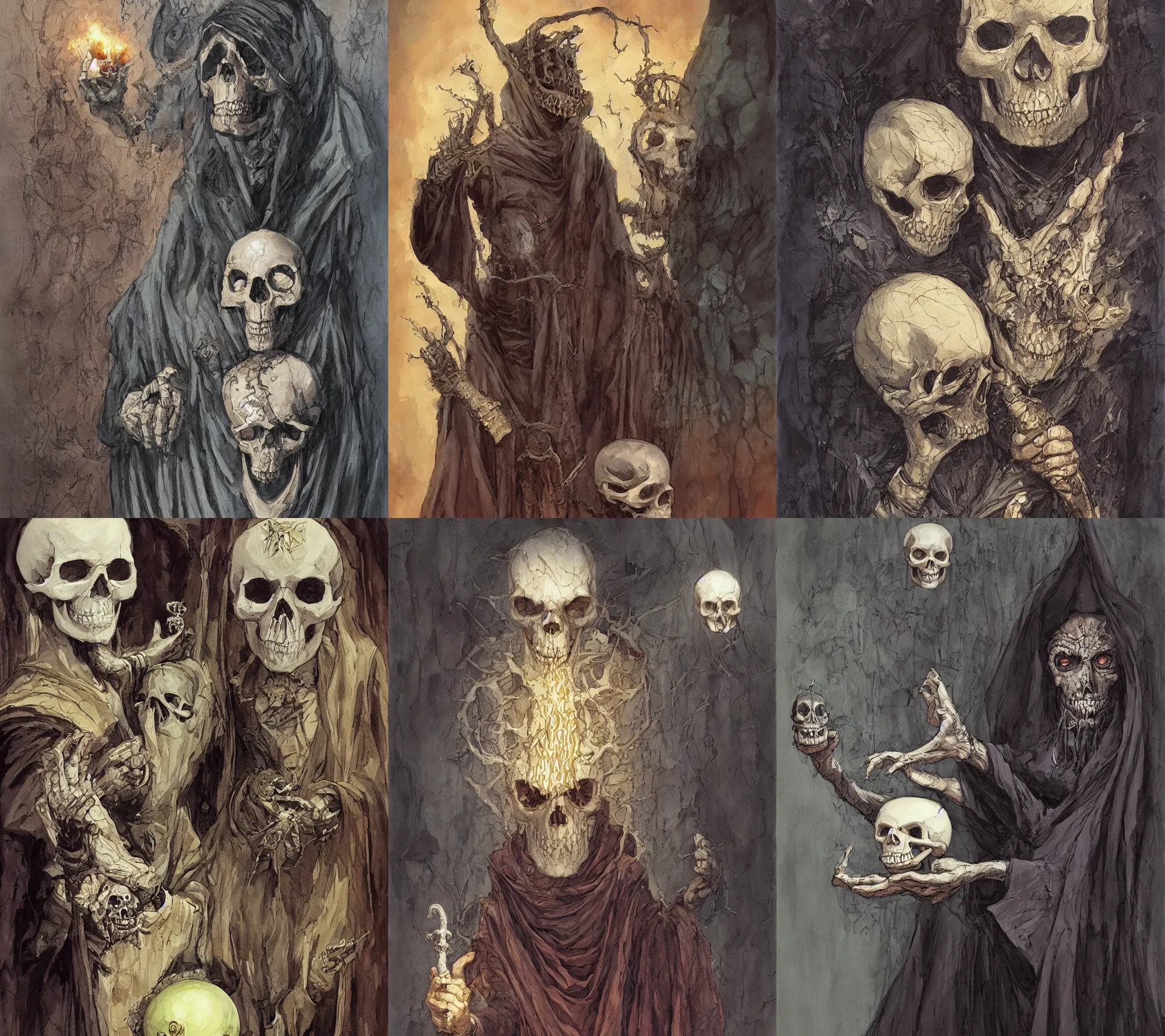 Prompt: A sorcerer stare at a skull he hold in his hand. He wear a long dark robe. By Régis Loisel and Enki Bilal and Tony Sandoval and Oliver Ledroit. Oil painting