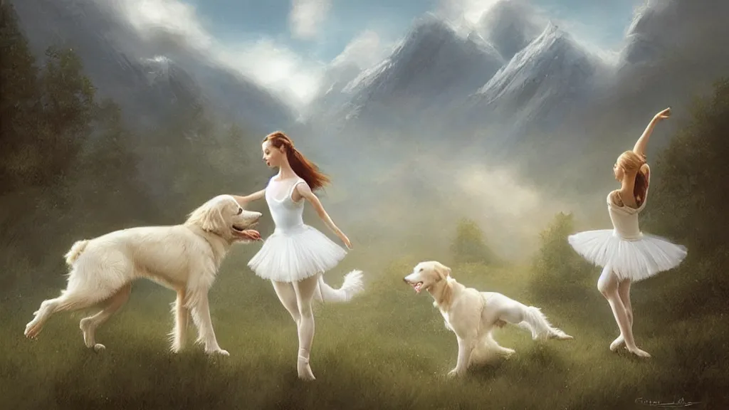 Prompt: “ ballet girl dance with a white golden retriever besides a red cottage, mountains in the background, soft lighting, by charlie bowater, by greg rutkowski ”