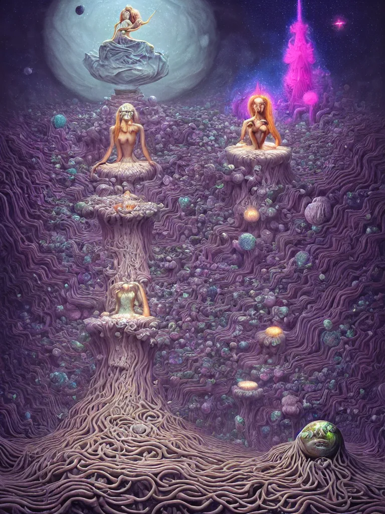 Prompt: the surreal goddess of dreams floating among many stars and mycelum and crystal fungi, by carol bak, jacek yerka, gediminas pranckevicius, alex gray, dan mumford and h. r. giger, digital painting, octane rendered, neon cyberpunk colors vibrant colors, trending on artstation