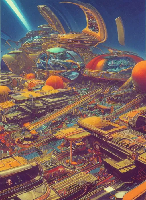 Prompt: 8 0 s mall. vintage shapes, retro technology, happy colors dariusz zawadzki, tim hildebrandt, wayne barlow, bruce pennington, larry elmore, oil on canvas, deep depth field, masterpiece, cinematic composition, hyperdetailed