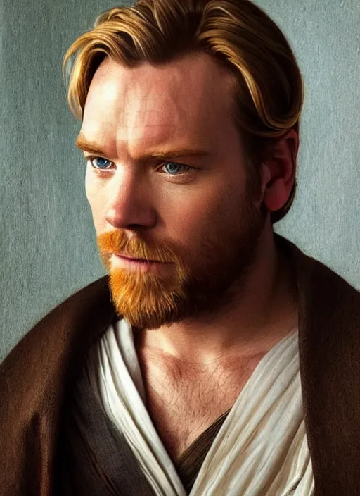 Image similar to Beautiful half body portrait of Ewan McGregor's Obi-Wan Kenobi, intricate, elegant, digital painting, ilustratiom, artwork by Vermeer and alphonse mucha