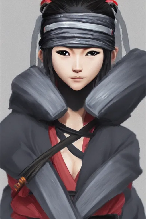 Image similar to native japanese young woman dressed like shinobi ninja, focused stare, partially masked, highly detailed, photorealistic render, digital painting, trending on artstation, character design, overcast weather