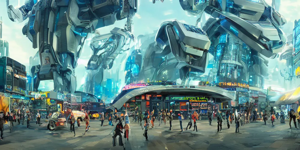 Prompt: exterior shot, ready player one, teenager hangout spot, scifi futuristic shopping mall , robots , people , neon lights, james gurney, katsuhiro otomo, james paick, cinematic lighting, artstation, vibrant nature, anime style, Craig Mullins, Greg Rutkowski, Pete Morbacher, Tuomas Korpi, tekkon kinreet, volumetric light, artstation, , octane render, redshift render, low angle camera