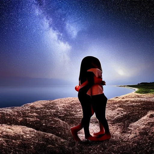 Prompt: two girls hugging under a starry sky, photo taken on a cliff by the sea, the milky way is reflecting on the sea water, 4k detailed reflections, digital art