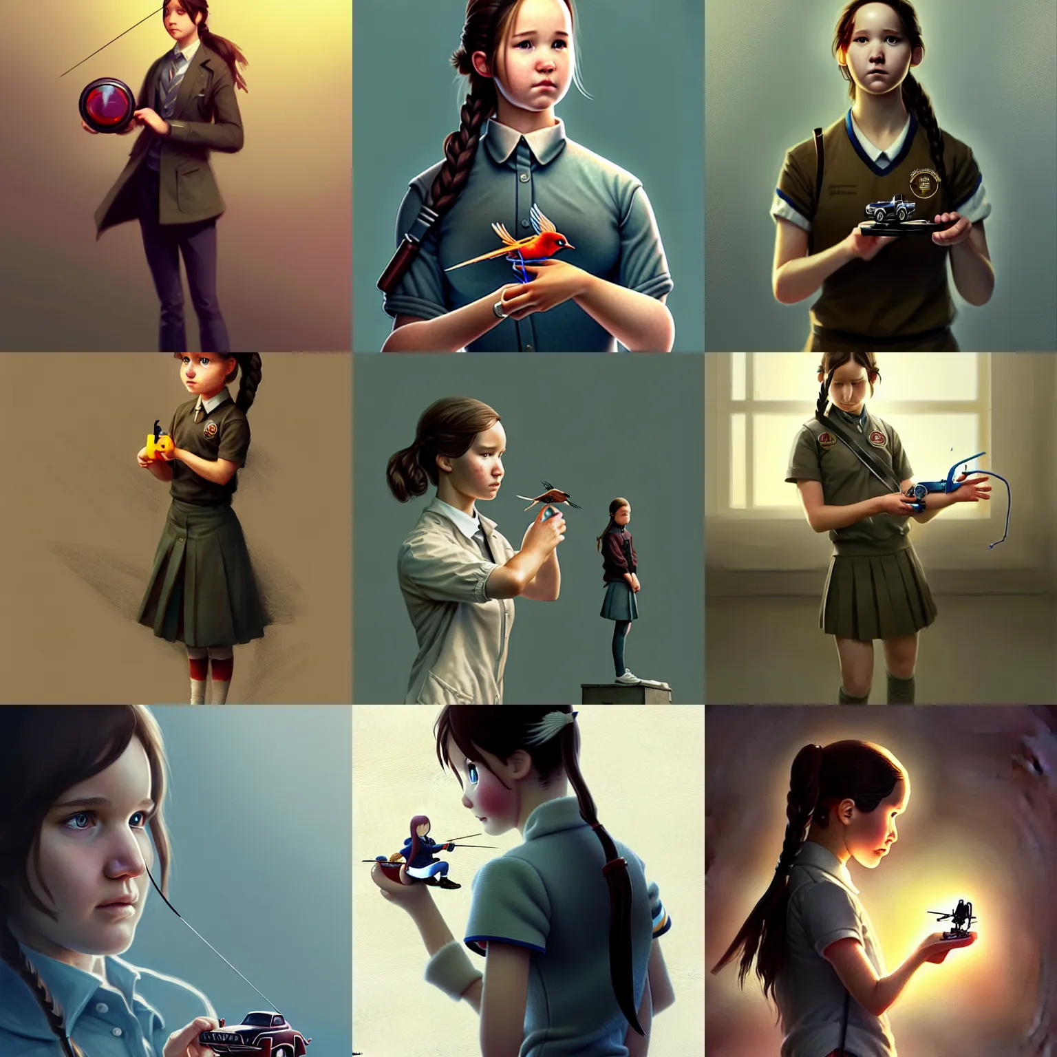 Prompt: a laboratory, ( ( ( ( ( katniss everdeen ) ) ) ) ) as a student, wearing a school uniform, is holding a tiny toy car, digital art, greg rutkowski, artstation