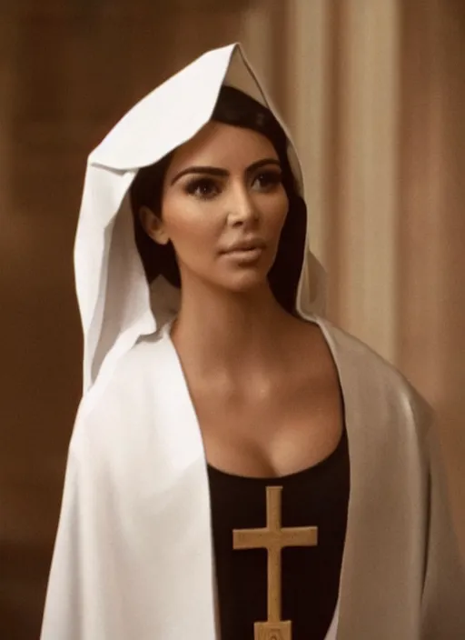 Prompt: a film still of kim kardashian as a nun with her bust slightly exposed. backround : church interior