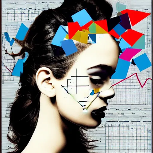Image similar to beautiful elegant woman seen in profile, from the side, haloed by an explosion of microsoft excel chart lines and graphs by sandra chevrier, rik oostenbroek, simple contrasted color, white background