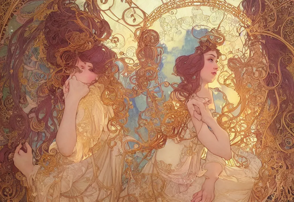 Prompt: love, highly detailed, very intricate, art nouveau, gold filigree, romantic storybook fantasy, soft cinematic lighting, award - winning, disney concept art watercolor illustration by mandy jurgens and alphonse mucha and alena aenami, pastel color palette, featured on artstation