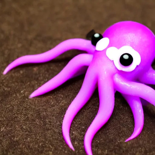 Prompt: cute purple squid made of soft candy, close up shot, purple color, jelly like texture