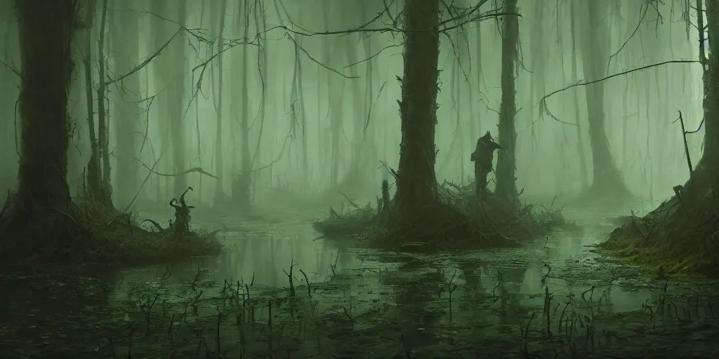 Image similar to Rancid and malevolent swamp, dark murky atmosphere, green hue, Darek Zabrocki, Marcin Rubinkowski, Lorenzo Lanfranconi, Karlkka, trending on Artstation, 8K