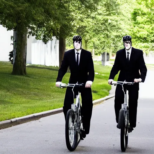 Image similar to two mormon missionaries, on bikes, with crow heads, black suits white shirts, crow heads, heads look like crows