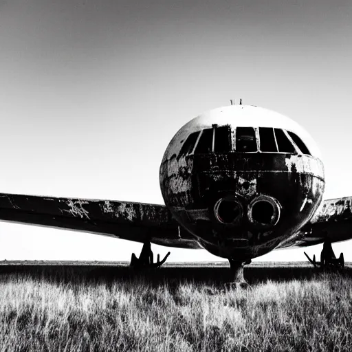 Image similar to black and white press photograph of a rusted abandoned business jet airplane, full view, detailed, natural light, mist, film grain, soft vignette, sigma 5 0 mm f / 1. 4 1 / 1 0 sec shutter, imax 7 0 mm footage