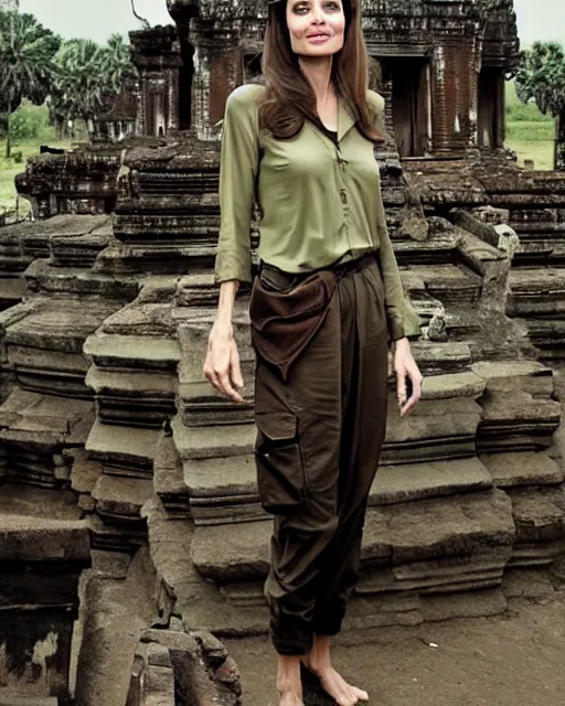 Image similar to angelina jolie visits an ancient temple in cambodia, she is wearing a green long sleeved shirt and cargo pants, photographed in the style of national geographic