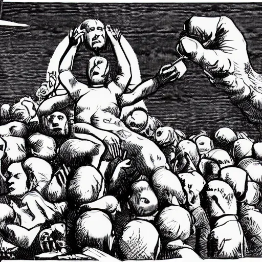 Prompt: mort carvello illustration of millions of mars needs moms hoisting their infants toward the moloch statue moloch burns with the fire of one thousand babies