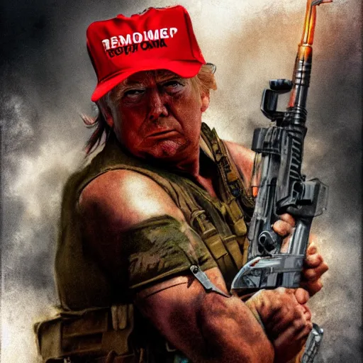 Image similar to trump as rambo, movie poster, digital art, high - detailed, 4 k, artstation, hyper - realistic, by drew struzan