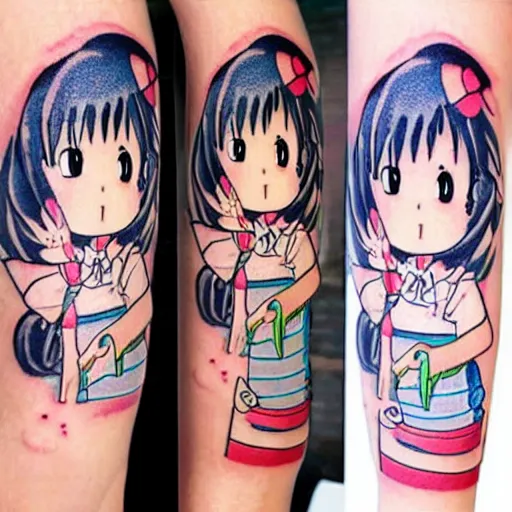 Image similar to a cute manga school girl tattoo by Hayao Miyazaki and Naoko Takeuchi, manga japanese school girl, tattoo on upper arm