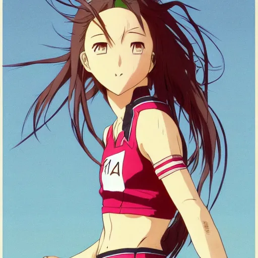 Image similar to a girl is running, sport clothing, anime style, long hair, hair down, symmetrical facial features, from yowamushi pedal, hyper realistic, highly detailed, rule of thirds, extreme detail, detailed drawing, trending artstation, realistic lighting, by alphonse mucha, greg rutkowski, sharp focus, backlit, high budget show, realistic anatomy