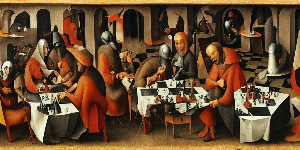 Image similar to “chess players by Hieronymous Bosch, trending on artstation, 8k, highly detailed”