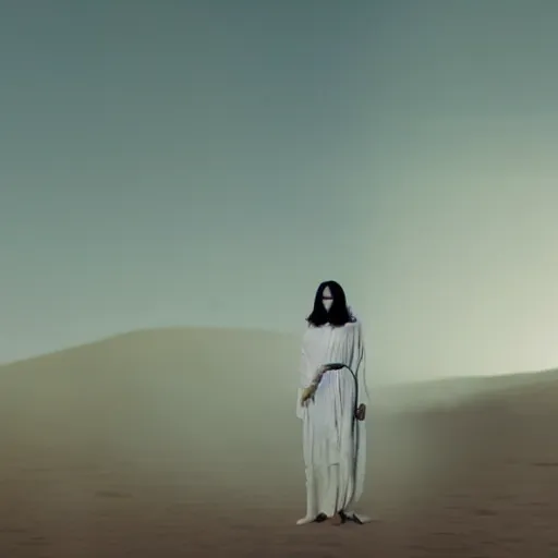 Prompt: levitating beautiful pale woman with white flowers and full - face golden mask inside a thick black smoke in rocky desert landscape, glowing eyes everywhere, dey earth by gaspar noe and christopher doyle, anamorphic lens, anamorphic lens flares, kodakchrome, cinematic composition, practical effects, award winning photo, 8 k