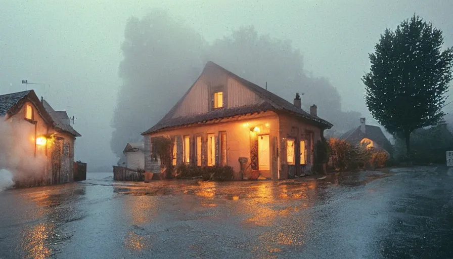 Image similar to 1 9 7 0 s movie still of a heavy burning french style little house in a small north french village by night, rainy, foggy, in winter, cinestill 8 0 0 t 3 5 mm, heavy grain, high quality, high detail, dramatic light, anamorphic, flares