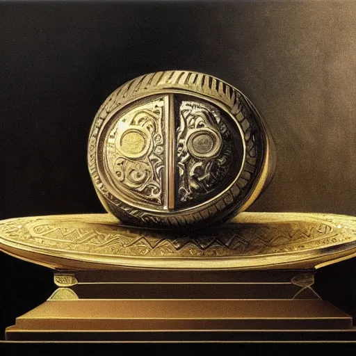 Image similar to in the center lays an ancient chromed artifact in the shape of a heavy signet ring, ornate with gentle iridescent shine from within. the ring lays on top of a pedestal. the pedestal is in front of a dark misty balcony at night. perspective from the side. realistic light and shadows. moody fantasy art, table still masterpiece life renaissance pastel painting.