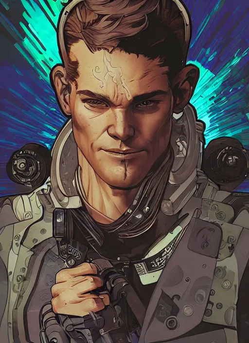 Image similar to cyberpunk fitness coach. portrait by ashley wood and alphonse mucha and laurie greasley and josan gonzalez and james gurney. spliner cell, apex legends, rb 6 s, hl 2, d & d, cyberpunk 2 0 7 7. realistic face. character clothing. vivid color. dystopian setting.