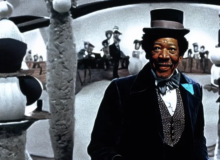 Image similar to a film still of Morgan Freeman as Willy Wonka in Willy Wonka and the Chocolate Factory 1971