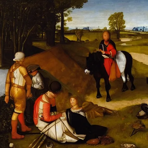 Prompt: feudal serfs sorting through recycling, pastoral scene, renaissance oil painting old master