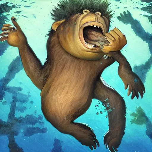 Image similar to Marc Simonette, bigfoots pulling a child underwater, trees, ultra detailed