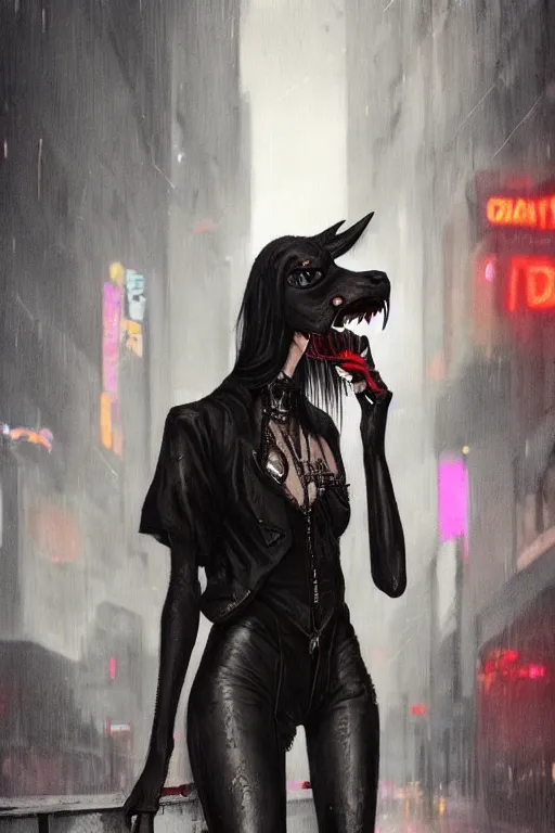 Prompt: beautiful portrait of a tall female anthro anubis smoking a cigarette in a bustling crowd of a rainy city street, goth punk clothes, cyberpunk, harsh neon lights, highly detailed, sharp focus, digital painting, illustration, trending on artstation, art by sakimichan, wlop, greg rutkowski