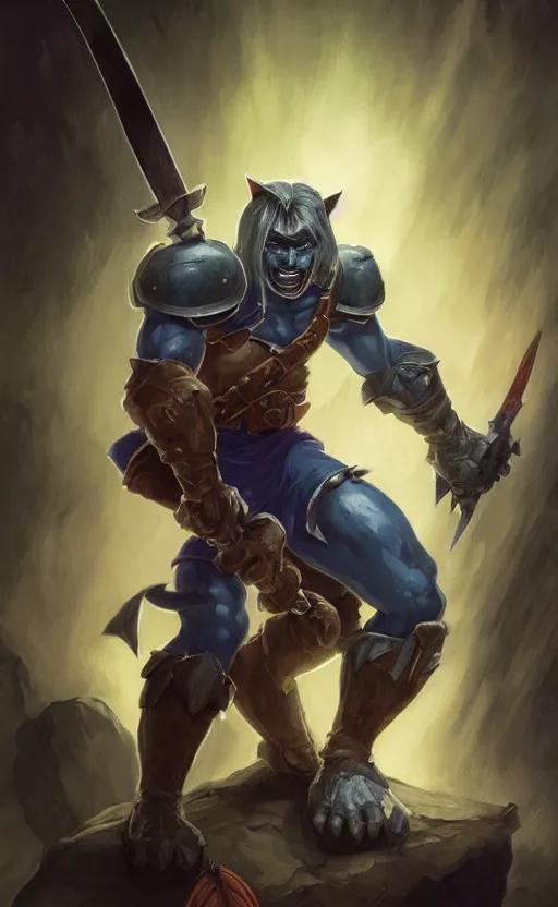 Image similar to Full body centered uncut character pose of mysterious-eerie-ominous He-Man, He-Man is holding the Power Sword in his right hand, He-Man rides the Battle Cat, dark grey shadowy smokey background, direct natural lighting, cinematic, Epic, ultra-detailed, sharp focus, colored illustration, artwork by Jordan Grimmer and Greg Rutkowski and Alphonse Mucha