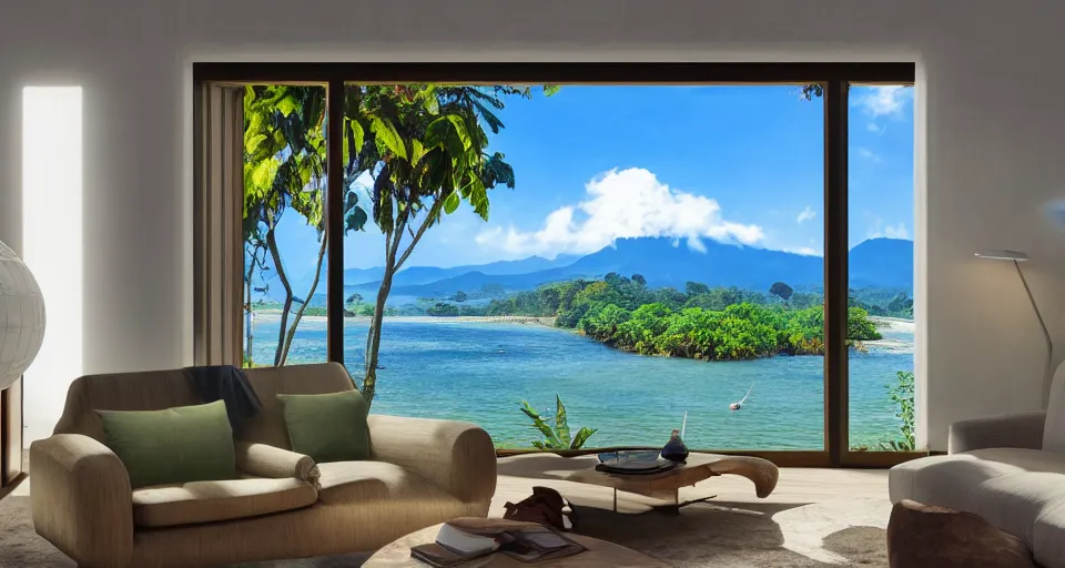 Image similar to big window, mountains in background, cloud forest in background, tropical beach in background, late afternoon, clear sky, living room, furniture, IKEA catalogue, futuristic, ultra realistic, ultra detailed, cinematic light, anamorphic, by Paul Lehr