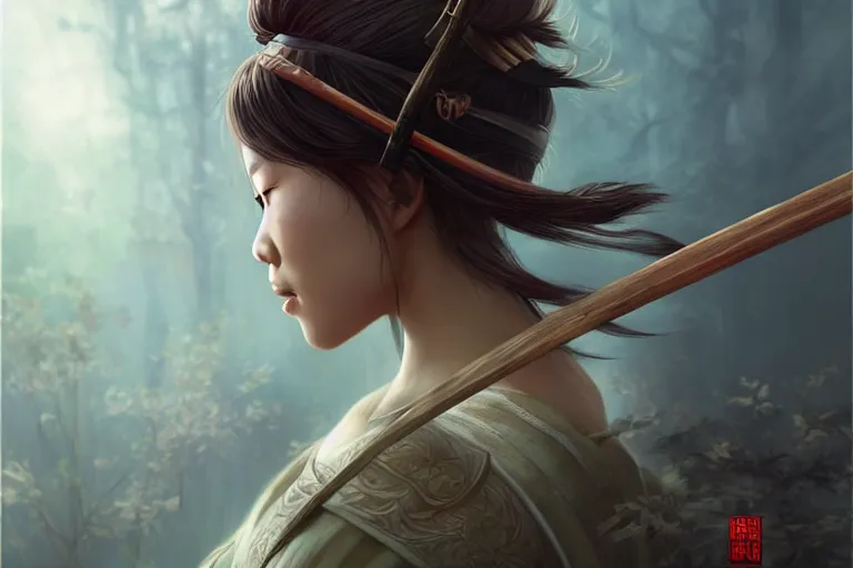 Image similar to beautiful cinematic fantasy poster, asian woman side view using a bokken in forest, wooden sword ; by artgerm ; wayne n reynolds art station ; cinematic quality character render ; high quality ac - h 9 6 0