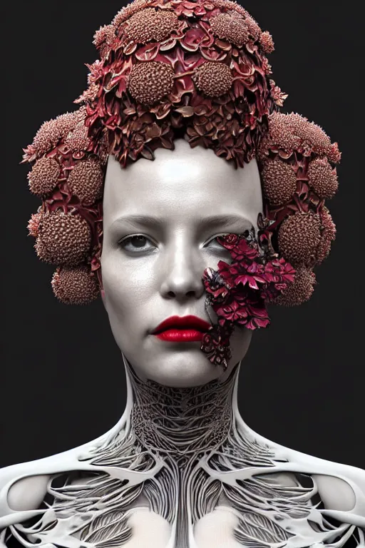 Image similar to complex 3 d render, hyper detailed ultrasharp biomechanical mandelbrot fractal filigree female cyborg portrait with a beautiful porcelain profile face, crown with big hydrangea foliage leaves stems roots, red lips, h. r. giger alexander mcqueen haute couture, art nouveau fashion, octane render, 8 k