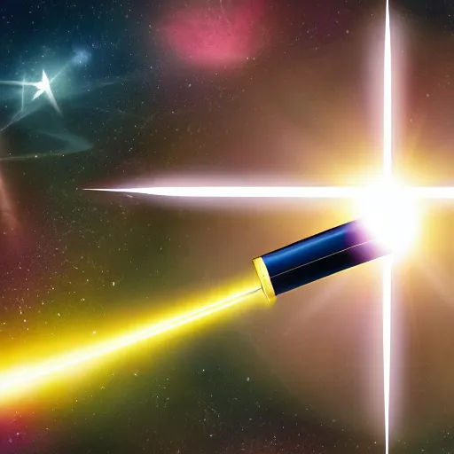 Prompt: a sword floating in space, the background is very dark. the sword is imbued with the power of a star.