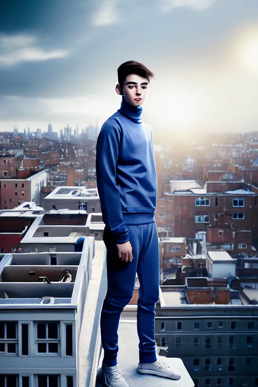 Image similar to un ultra high definition studio quality photographic art portrait of a young man standing on the rooftop of a british apartment building wearing soft padded silver pearlescent clothing. three point light. extremely detailed. golden ratio, ray tracing, volumetric light, shallow depth of field. set dressed.