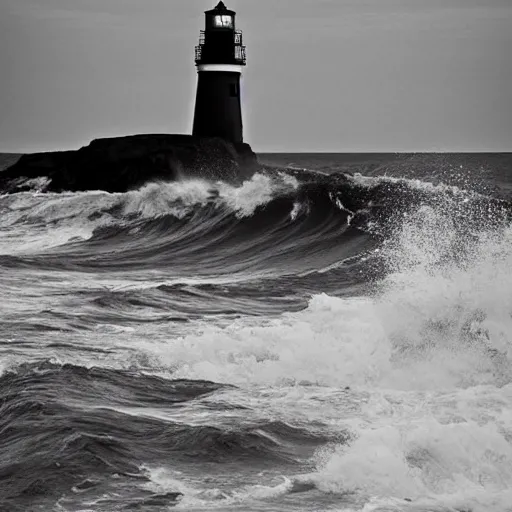 Prompt: lighthouse, ocean, two loons, crashing waves, light, black and white, tattoo art,