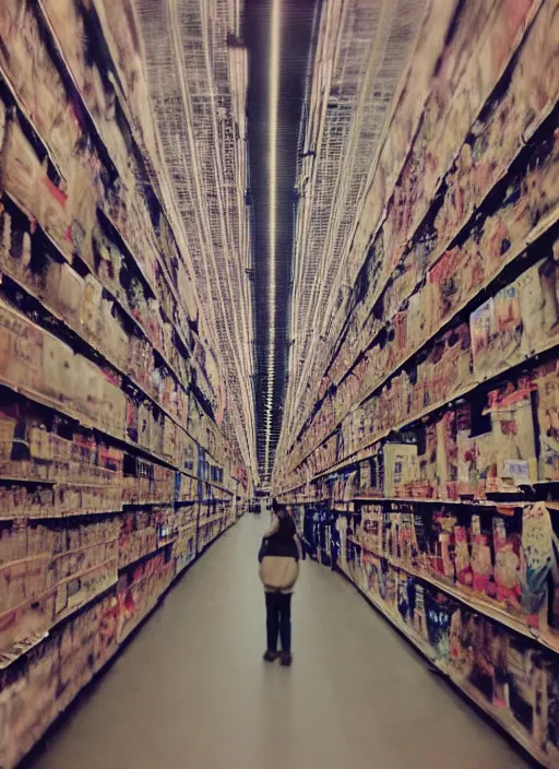 Image similar to first person view. lost in a costco maze. blurry polaroid