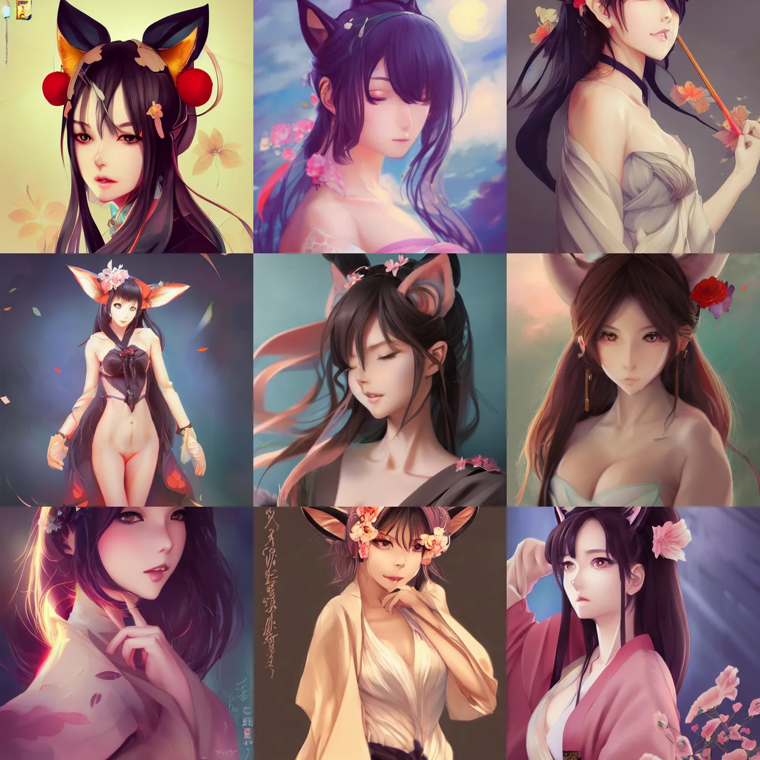 Prompt: A beautiful anime digital concept portrait of a beautiful, shapely woman with fox ears wearing a kimono, by Stanley Artgerm Lau, WLOP, Rossdraws, LeraPi, and Sakimichan, trending on ArtStation, deviantart, SFW version