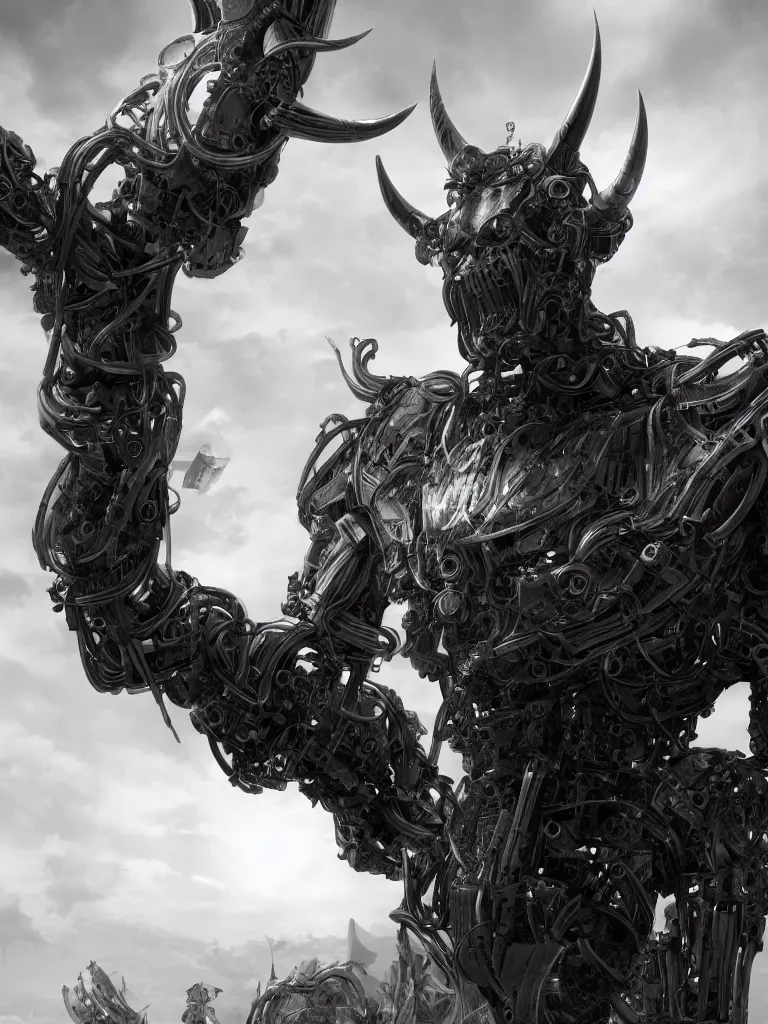 Image similar to Techno-God is an ancient mechanical gray giant chaotic horned humanoid, digital art, 16k, hyperrealism, high detail, ray tracing, concept art, octane render