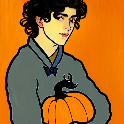 Image similar to painting of young cute handsome beautiful dark medium wavy hair man in his 2 0 s named shadow taehyung at the halloween pumpkin jack o'lantern party, depressed, melancholy, autumn, japan, elegant, clear, painting, stylized, delicate, soft facial features, delicate facial features, soft art, art by alphonse mucha, vincent van gogh, egon schiele