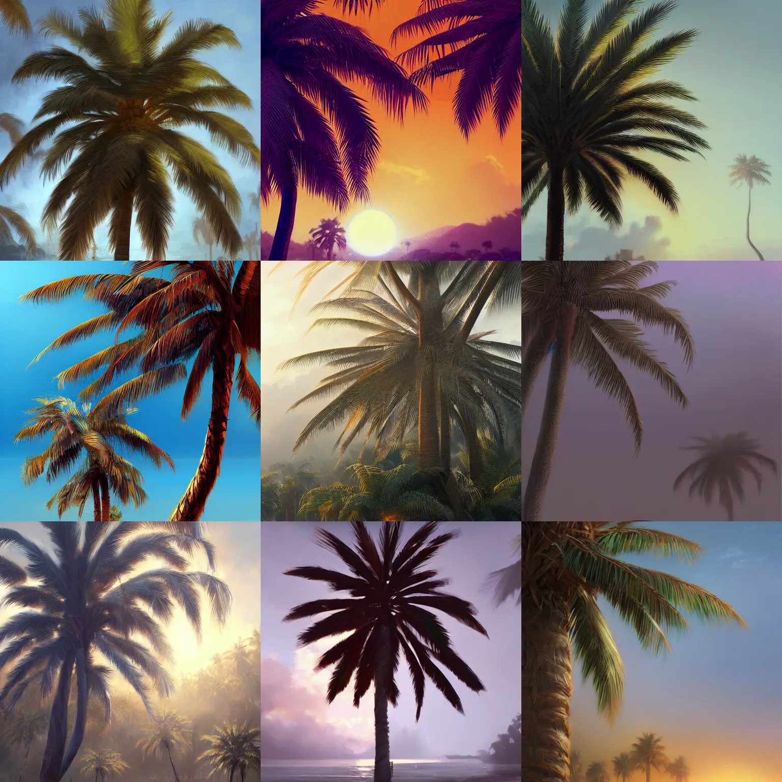 Prompt: beautiful aesthetic inspirational digital oil painting of a close - up palm tree, by greg rutkowski, ultra detailed, fine details, trending on artstation, volumetric light.