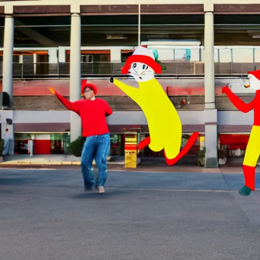 Image similar to realistic photograph of one bright yellow cat wearing a red hat, a green shirt and blue overalls dancing in a parking lot