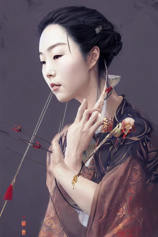 Prompt: a beautiful Chinese woman archer stares intently into the soul, beautiful bone structure, symmetrical facial features, intricate, elegant, digital painting, concept art, smooth, sharp focus, illustration by Ruan Jia and Mandy Jurgens and Artgerm and William-Adolphe Bouguerea