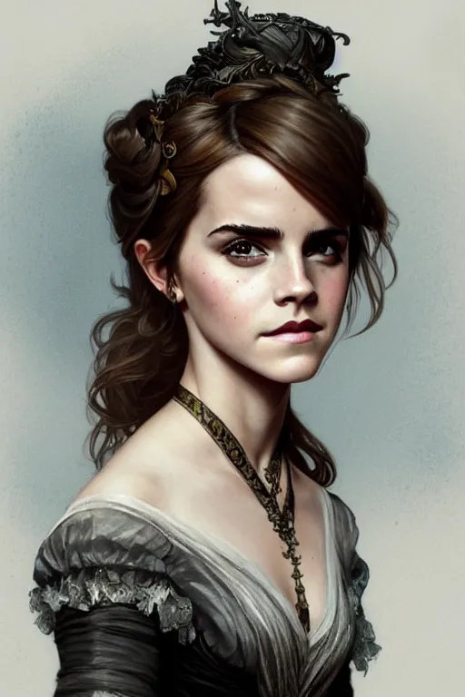 Image similar to Emma Watson dressed in a victorian fashion, D&D, fantasy, intricate, elegant, highly detailed, digital painting, artstation, concept art, matte, sharp focus, illustration, art by Artgerm and Greg Rutkowski and Alphonse Mucha